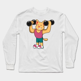 Cat at Bodybuilding with Dumbbells Long Sleeve T-Shirt